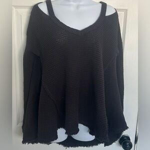 Free People Women's Black Cold Shoulder Knit Sweater with hi-low hem